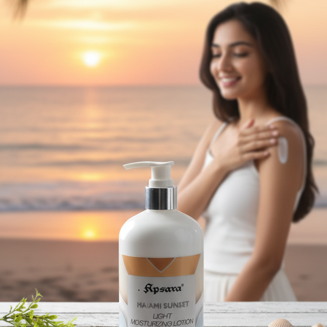 Woman applying sunscreen on her arm with a bottle of sunscreen in front, set against a sunset beach backdrop.